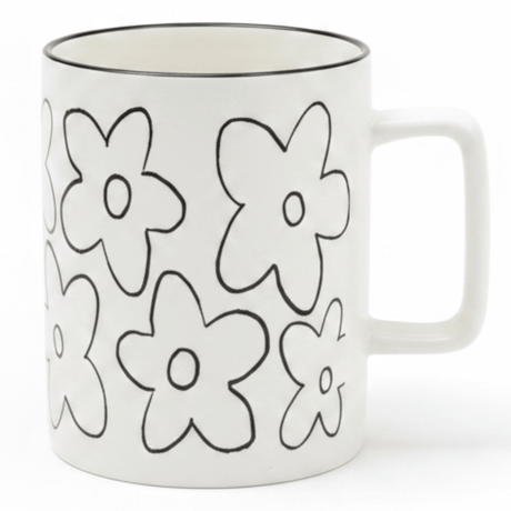 White Ceramic Daisy Flower Mug – 400ml | Black Print & Rim - Al Kabayel Discount CentreWhite Ceramic Daisy Flower Mug – 400ml | Black Print & RimMugsAKDCAl Kabayel Discount Centre