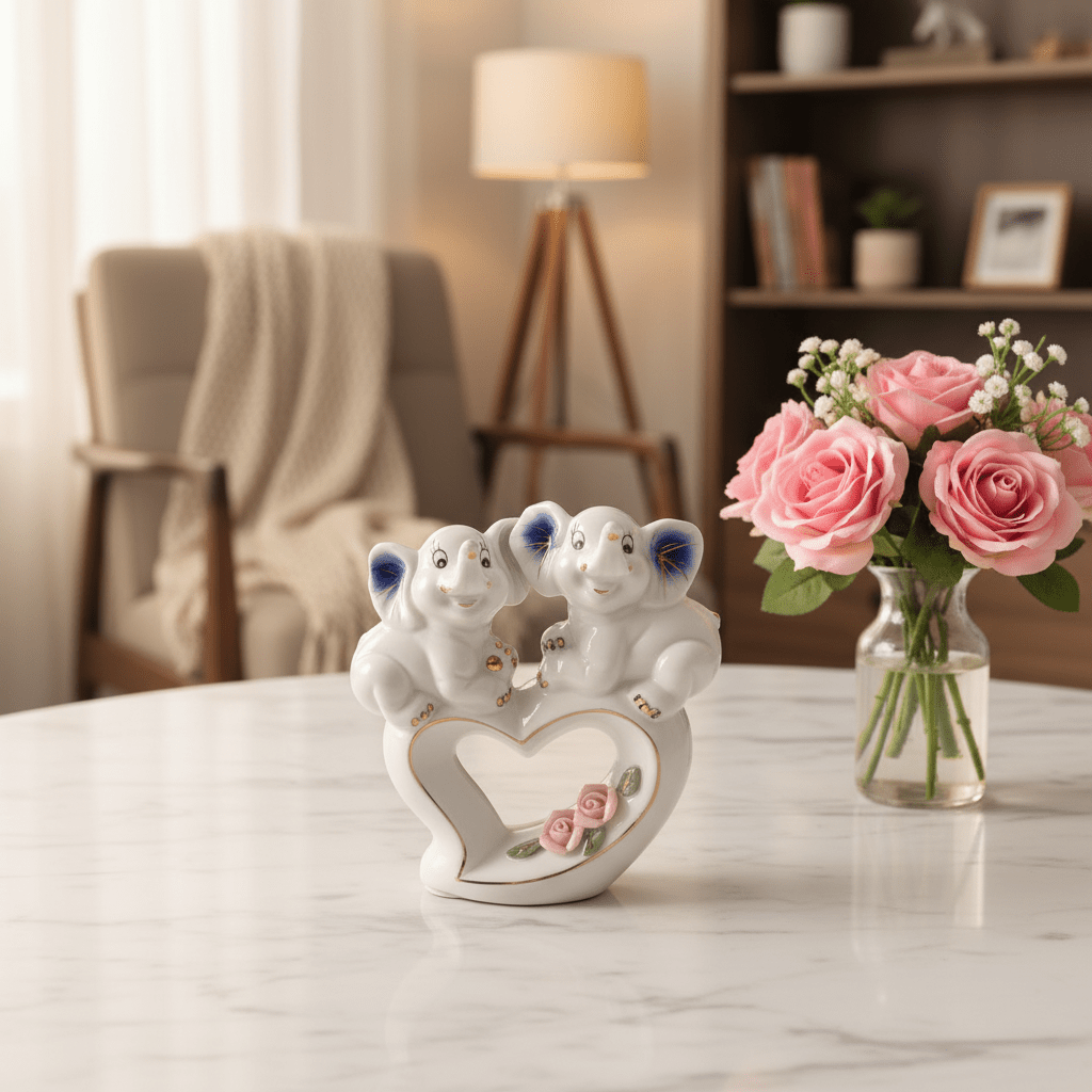 White Ceramic Elephant Couple Figurine – Heart & Rose Décor Piece, 13cm - Al Kabayel Discount CentreWhite Ceramic Elephant Couple Figurine – Heart & Rose Décor Piece, 13cmHome Décor AccentsAKDCAl Kabayel Discount Centre