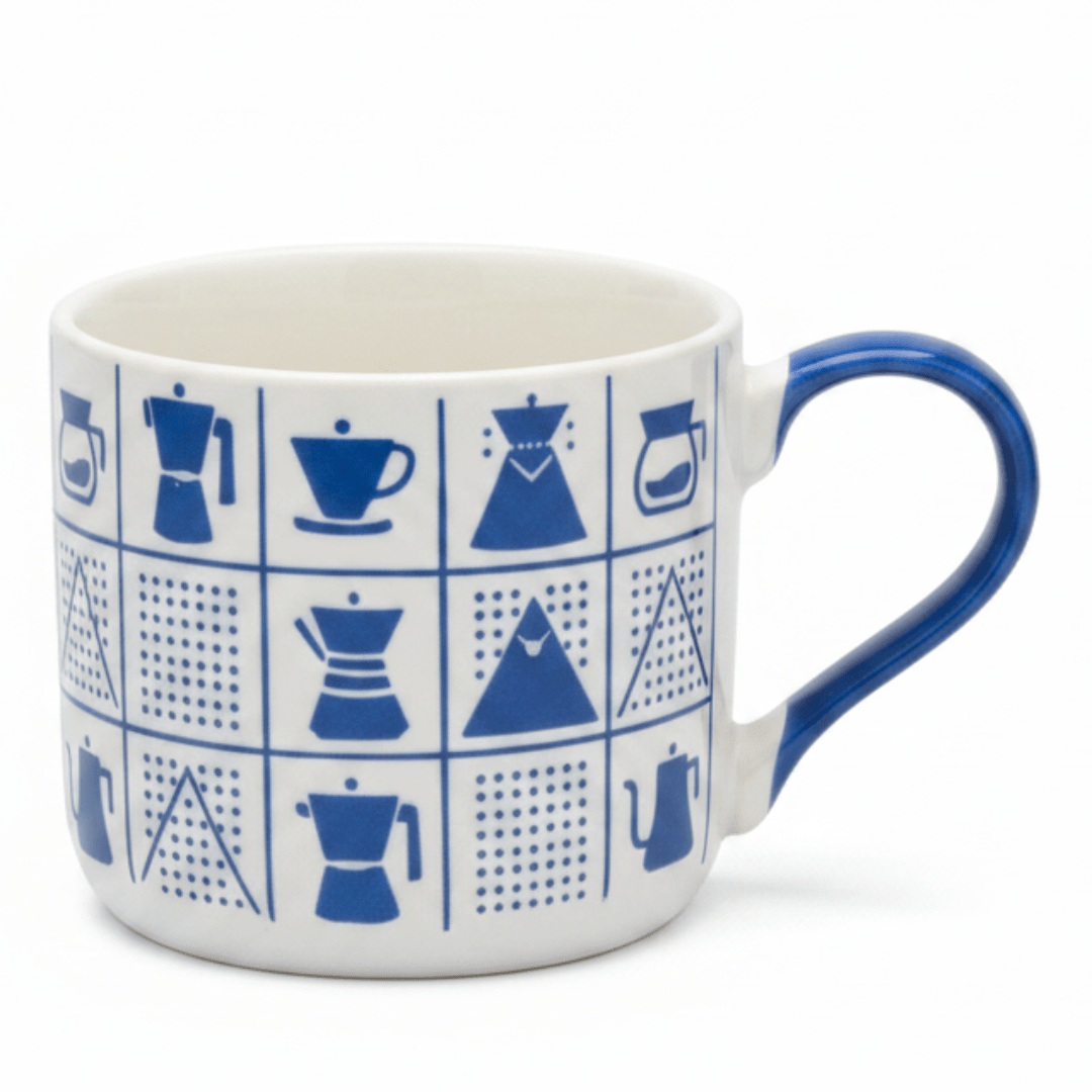 White Ceramic Mug with Blue Coffee Icons & Handle | 380ml | - Al Kabayel Discount CentreWhite Ceramic Mug with Blue Coffee Icons & Handle | 380ml |MugsAKDCAl Kabayel Discount Centre