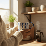 White Ceramic Mug with Blue Coffee Icons & Handle | 380ml | - Al Kabayel Discount CentreWhite Ceramic Mug with Blue Coffee Icons & Handle | 380ml |MugsAKDCAl Kabayel Discount Centre