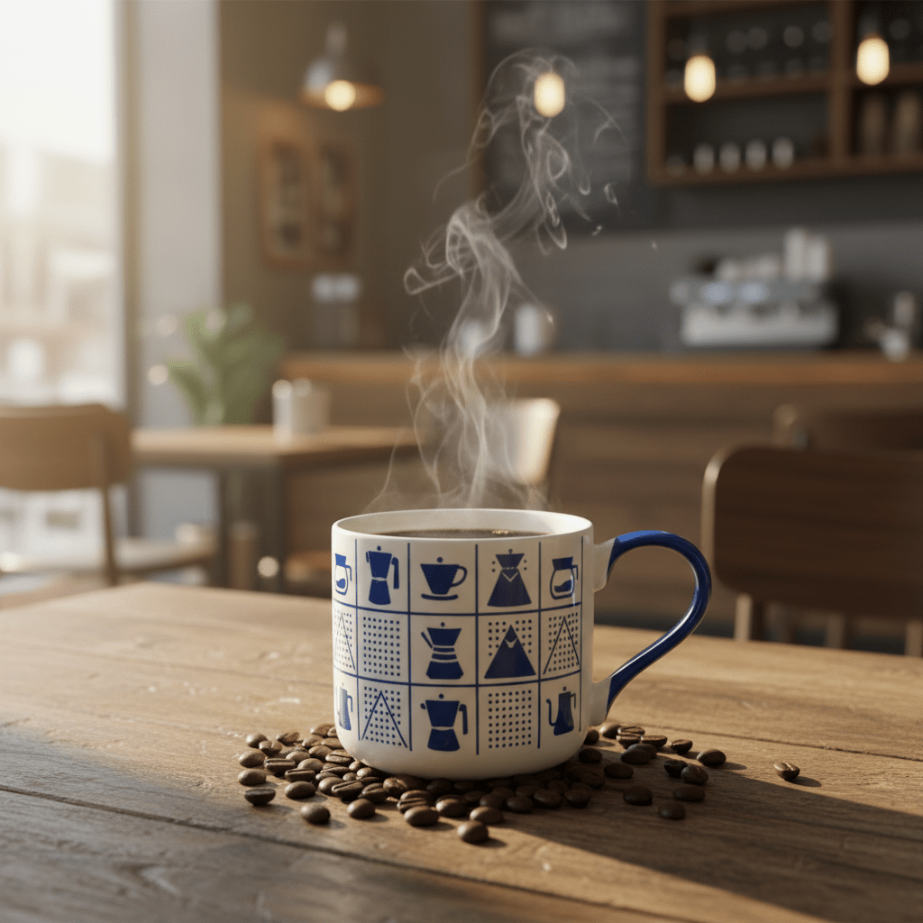 White Ceramic Mug with Blue Coffee Icons & Handle | 380ml | - Al Kabayel Discount CentreWhite Ceramic Mug with Blue Coffee Icons & Handle | 380ml |MugsAKDCAl Kabayel Discount Centre