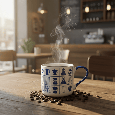 White Ceramic Mug with Blue Coffee Icons & Handle | 380ml | - Al Kabayel Discount CentreWhite Ceramic Mug with Blue Coffee Icons & Handle | 380ml |MugsAKDCAl Kabayel Discount Centre