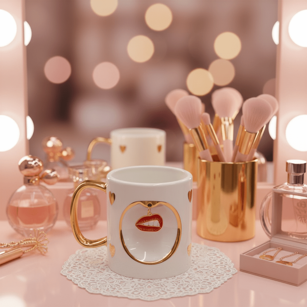 White Ceramic Mug with Gold Handle & Red Lips Charm — 350ml | Luxury Gift Mug - Al Kabayel Discount CentreWhite Ceramic Mug with Gold Handle & Red Lips Charm — 350ml | Luxury Gift MugMugsAKDCAl Kabayel Discount Centre