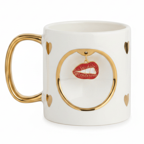 White Ceramic Mug with Gold Handle & Red Lips Charm — 350ml | Luxury Gift Mug - Al Kabayel Discount CentreWhite Ceramic Mug with Gold Handle & Red Lips Charm — 350ml | Luxury Gift MugMugsAKDCAl Kabayel Discount Centre