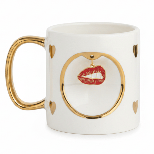 White Ceramic Mug with Gold Handle & Red Lips Charm — 350ml | Luxury Gift Mug - Al Kabayel Discount CentreWhite Ceramic Mug with Gold Handle & Red Lips Charm — 350ml | Luxury Gift MugMugsAKDCAl Kabayel Discount Centre