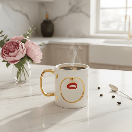 White Ceramic Mug with Gold Handle & Red Lips Charm — 350ml | Luxury Gift Mug - Al Kabayel Discount CentreWhite Ceramic Mug with Gold Handle & Red Lips Charm — 350ml | Luxury Gift MugMugsAKDCAl Kabayel Discount Centre