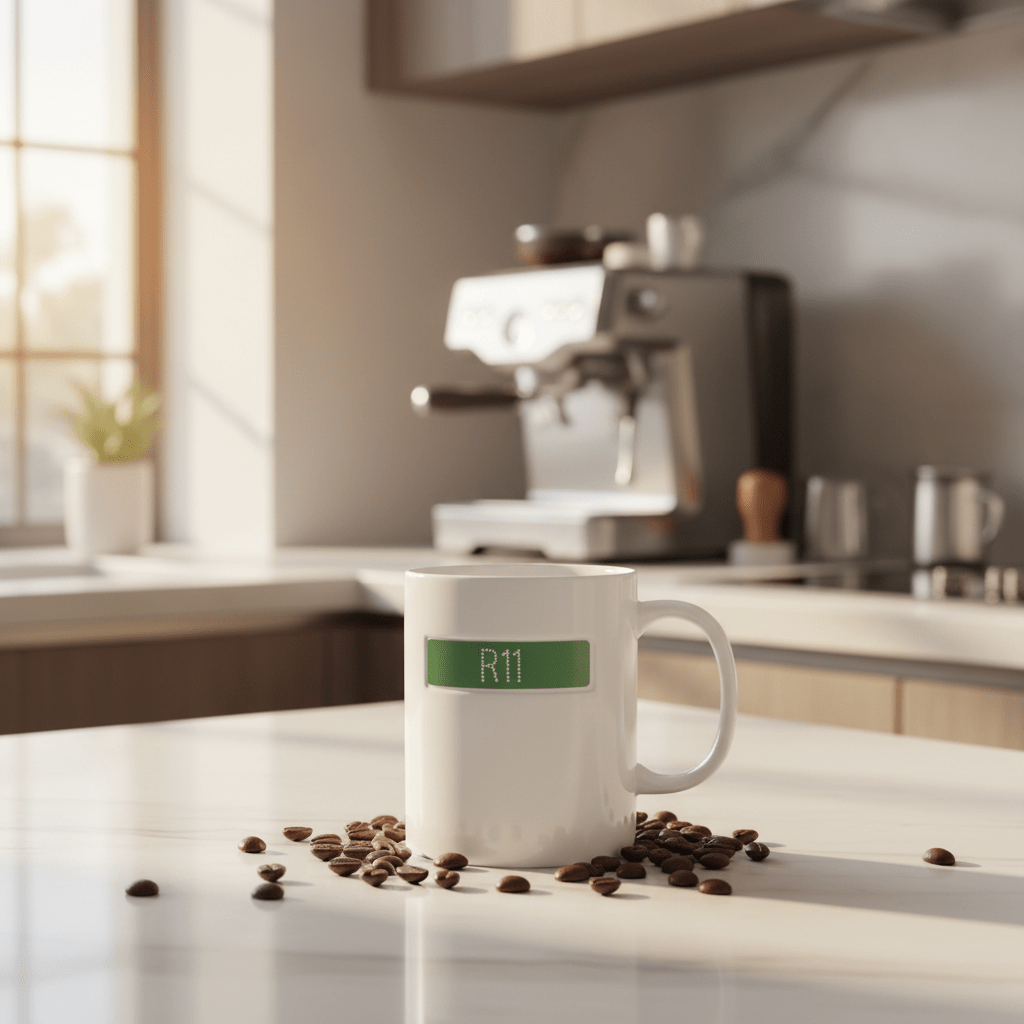 White Ceramic Mug with Green R11 Design | 350ml Premium Coffee Mug - Al Kabayel Discount CentreWhite Ceramic Mug with Green R11 Design | 350ml Premium Coffee MugMugsAKDCAl Kabayel Discount Centre