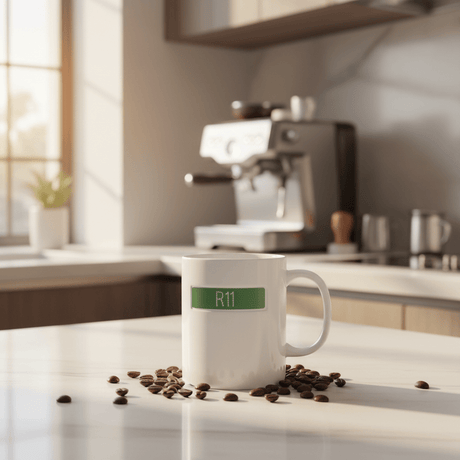 White Ceramic Mug with Green R11 Design | 350ml Premium Coffee Mug - Al Kabayel Discount CentreWhite Ceramic Mug with Green R11 Design | 350ml Premium Coffee MugMugsAKDCAl Kabayel Discount Centre