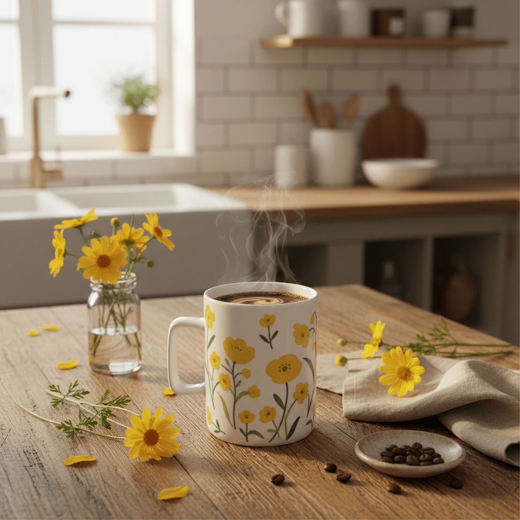 White Ceramic Mug with Yellow Wildflower Print - 350ml - Al Kabayel Discount CentreWhite Ceramic Mug with Yellow Wildflower Print - 350mlMugsAKDCAl Kabayel Discount Centre