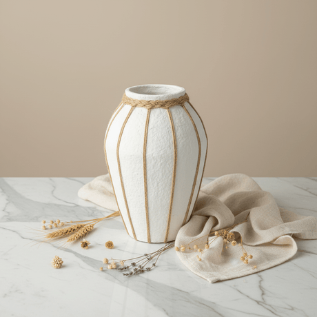 White Chalk Flower Vase with Jute Rope Detail – 35cm - Al Kabayel Discount CentreWhite Chalk Flower Vase with Jute Rope Detail – 35cmFlower VaseAKDCAl Kabayel Discount Centre