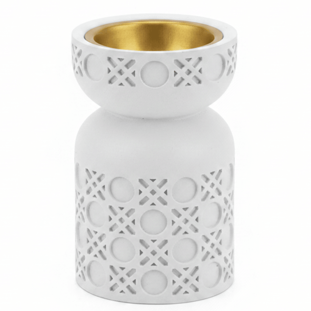 White Chalk Incense Burner with Gold Interior | Geometric Lattice Design | 10×6 cm - Al Kabayel Discount CentreWhite Chalk Incense Burner with Gold Interior | Geometric Lattice Design | 10×6 cmIncense burnerAKDCAl Kabayel Discount Centre