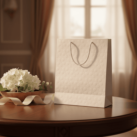 White Embossed Flower Paper Gift Bag | Premium Luxury Packaging Bag with Rope Handles | 30×25cm | - Al Kabayel Discount CentreWhite Embossed Flower Paper Gift Bag | Premium Luxury Packaging Bag with Rope Handles | 30×25cm |Packing & Wrapping SuppliesAKDCAl Kabayel Discount Centre