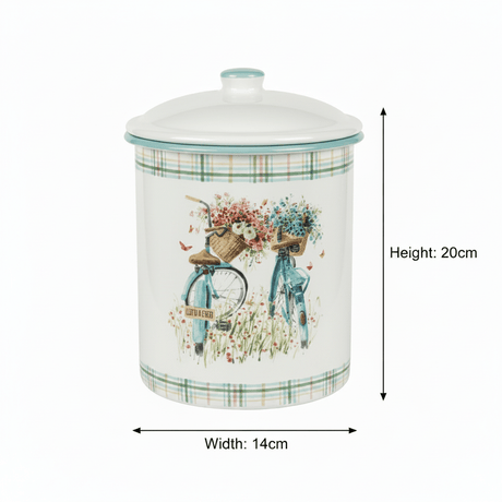 White Enamel Canister with Vintage Bicycle Floral Design & Lid - 20×14cm - Al Kabayel Discount CentreWhite Enamel Canister with Vintage Bicycle Floral Design & Lid - 20×14cmJars & Food SaversAKDCAl Kabayel Discount Centre