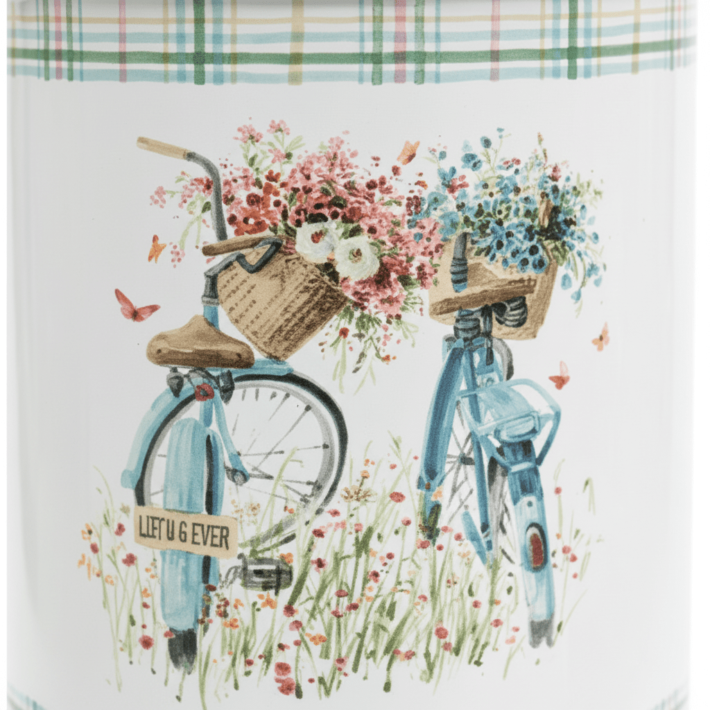 White Enamel Canister with Vintage Bicycle Floral Design & Lid - 20×14cm - Al Kabayel Discount CentreWhite Enamel Canister with Vintage Bicycle Floral Design & Lid - 20×14cmJars & Food SaversAKDCAl Kabayel Discount Centre