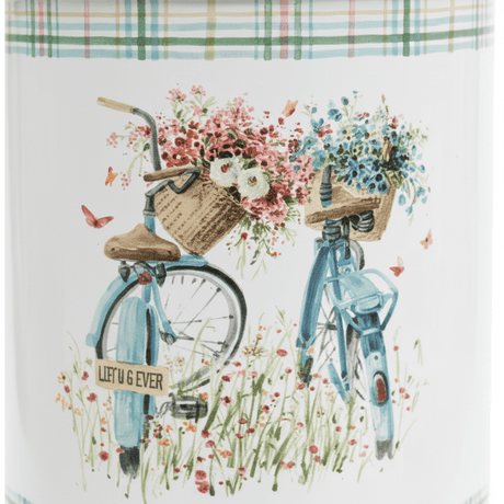 White Enamel Canister with Vintage Bicycle Floral Design & Lid - 20×14cm - Al Kabayel Discount CentreWhite Enamel Canister with Vintage Bicycle Floral Design & Lid - 20×14cmJars & Food SaversAKDCAl Kabayel Discount Centre