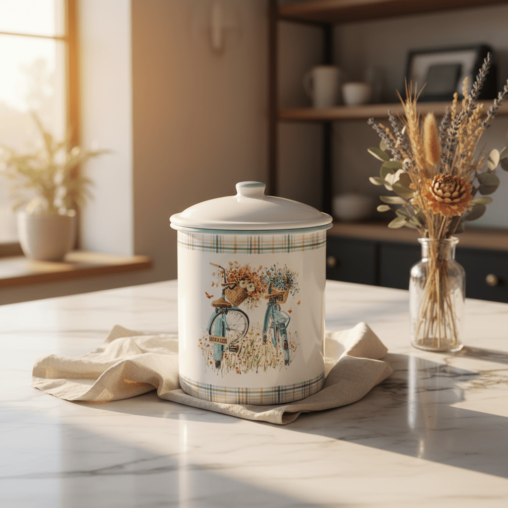 White Enamel Canister with Vintage Bicycle Floral Design & Lid - 20×14cm - Al Kabayel Discount CentreWhite Enamel Canister with Vintage Bicycle Floral Design & Lid - 20×14cmJars & Food SaversAKDCAl Kabayel Discount Centre