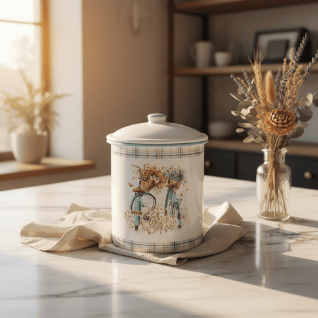 White Enamel Canister with Vintage Bicycle Floral Design & Lid - 20×14cm - Al Kabayel Discount CentreWhite Enamel Canister with Vintage Bicycle Floral Design & Lid - 20×14cmJars & Food SaversAKDCAl Kabayel Discount Centre