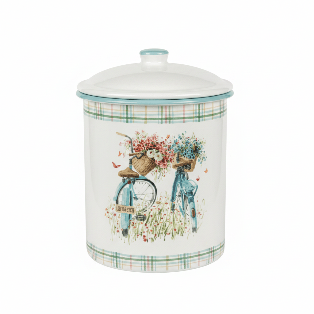 White Enamel Canister with Vintage Bicycle Floral Design & Lid - 20×14cm - Al Kabayel Discount CentreWhite Enamel Canister with Vintage Bicycle Floral Design & Lid - 20×14cmJars & Food SaversAKDCAl Kabayel Discount Centre