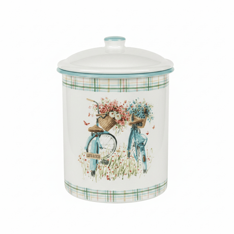 White Enamel Canister with Vintage Bicycle Floral Design & Lid - 20×14cm - Al Kabayel Discount CentreWhite Enamel Canister with Vintage Bicycle Floral Design & Lid - 20×14cmJars & Food SaversAKDCAl Kabayel Discount Centre
