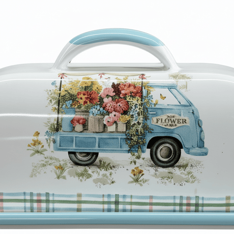 White Enamel Cheese Tray with Lid – Vintage Flower Truck Design - 18×12cm - Al Kabayel Discount CentreWhite Enamel Cheese Tray with Lid – Vintage Flower Truck Design - 18×12cmServing TraysAKDCAl Kabayel Discount Centre