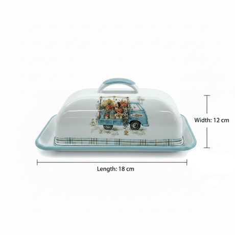 White Enamel Cheese Tray with Lid – Vintage Flower Truck Design - 18×12cm - Al Kabayel Discount CentreWhite Enamel Cheese Tray with Lid – Vintage Flower Truck Design - 18×12cmServing TraysAKDCAl Kabayel Discount Centre
