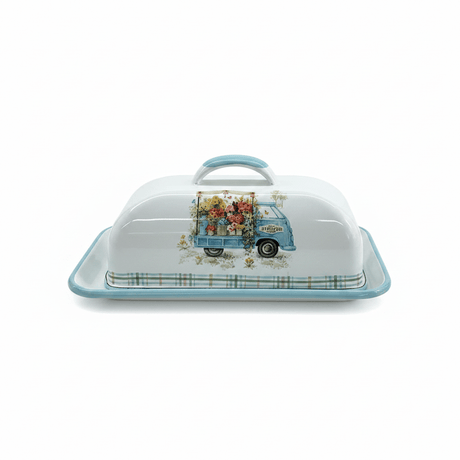 White Enamel Cheese Tray with Lid – Vintage Flower Truck Design - 18×12cm - Al Kabayel Discount CentreWhite Enamel Cheese Tray with Lid – Vintage Flower Truck Design - 18×12cmServing TraysAKDCAl Kabayel Discount Centre