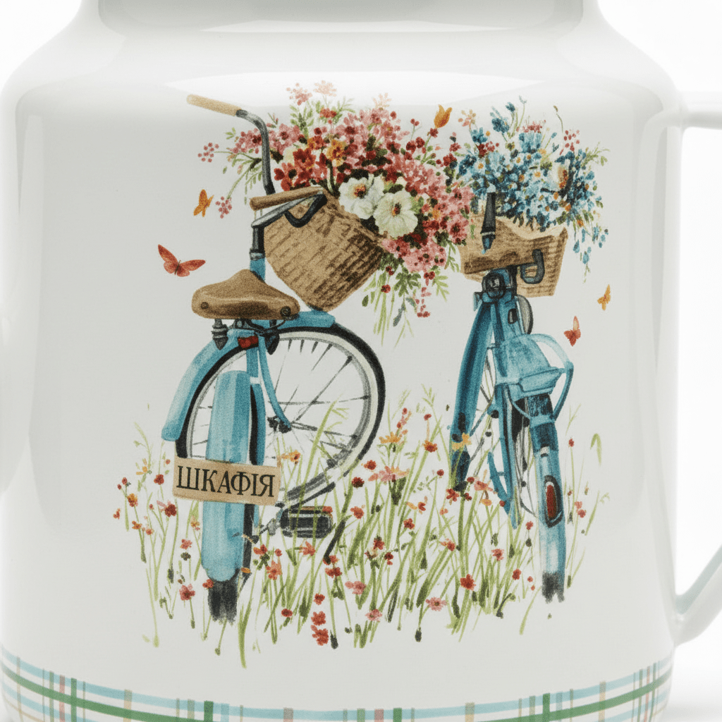 White Enamel Kettle with Floral Bicycle Print - 20 × 13 cm - Al Kabayel Discount CentreWhite Enamel Kettle with Floral Bicycle Print - 20 × 13 cmTea/Coffee PotsAKDCAl Kabayel Discount Centre