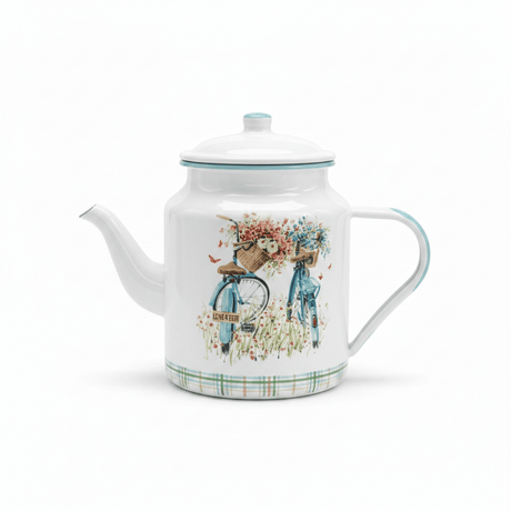 White Enamel Kettle with Floral Bicycle Print - 20 × 13 cm - Al Kabayel Discount CentreWhite Enamel Kettle with Floral Bicycle Print - 20 × 13 cmTea/Coffee PotsAKDCAl Kabayel Discount Centre