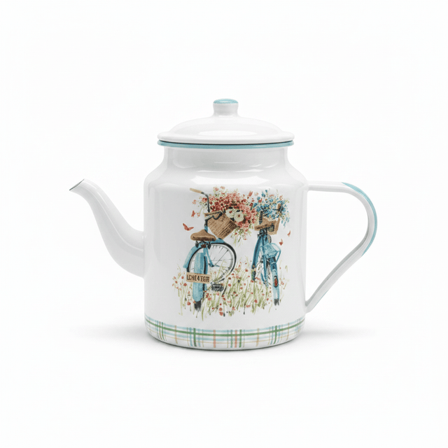 White Enamel Kettle with Floral Bicycle Print - 20 × 13 cm - Al Kabayel Discount CentreWhite Enamel Kettle with Floral Bicycle Print - 20 × 13 cmTea/Coffee PotsAKDCAl Kabayel Discount Centre