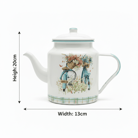 White Enamel Kettle with Floral Bicycle Print - 20 × 13 cm - Al Kabayel Discount CentreWhite Enamel Kettle with Floral Bicycle Print - 20 × 13 cmTea/Coffee PotsAKDCAl Kabayel Discount Centre
