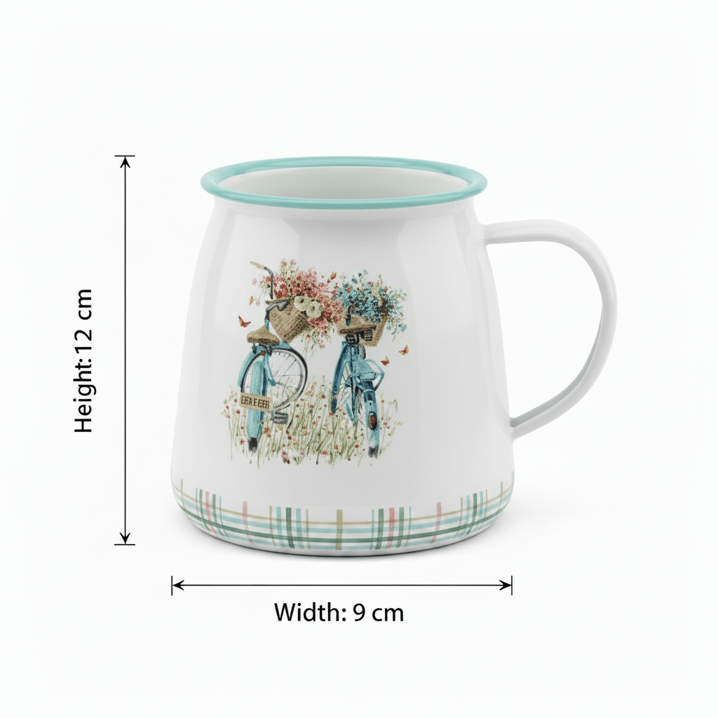 White Enamel Mug with Bicycle Print - 12×9 cm - Al Kabayel Discount CentreWhite Enamel Mug with Bicycle Print - 12×9 cmMugsAKDCAl Kabayel Discount Centre