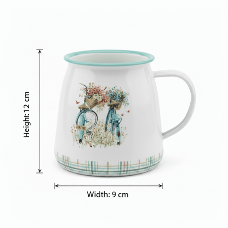 White Enamel Mug with Bicycle Print - 12×9 cm - Al Kabayel Discount CentreWhite Enamel Mug with Bicycle Print - 12×9 cmMugsAKDCAl Kabayel Discount Centre