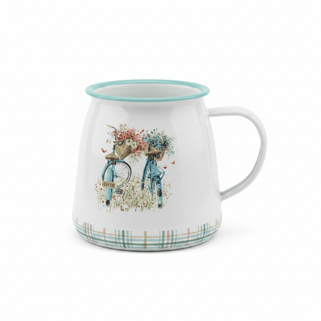 White Enamel Mug with Bicycle Print - 12×9 cm - Al Kabayel Discount CentreWhite Enamel Mug with Bicycle Print - 12×9 cmMugsAKDCAl Kabayel Discount Centre