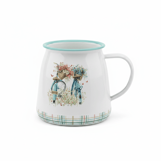 White Enamel Mug with Bicycle Print - 12×9 cm - Al Kabayel Discount CentreWhite Enamel Mug with Bicycle Print - 12×9 cmMugsAKDCAl Kabayel Discount Centre