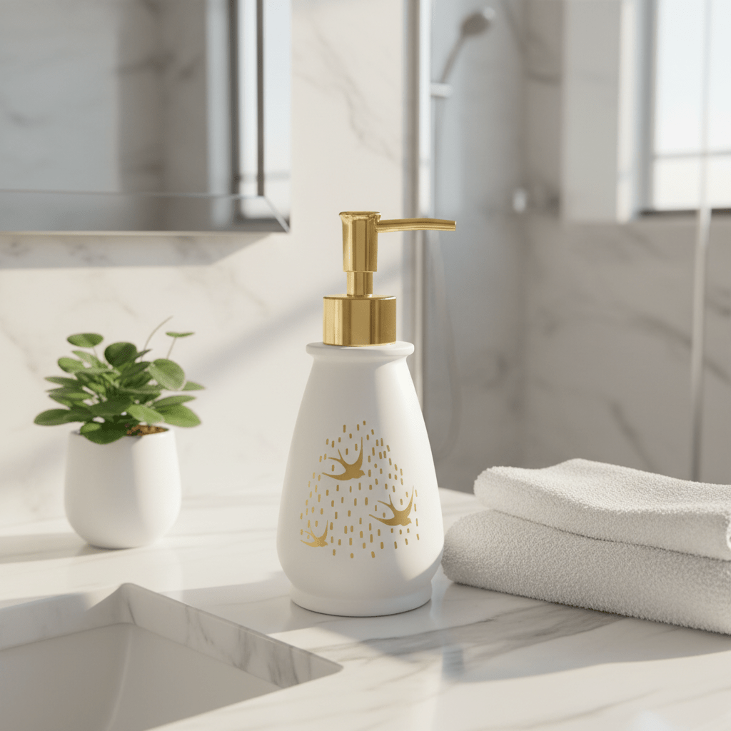White & Gold Ceramic & Plastic Liquid Soap Dispenser – 400ml - Al Kabayel Discount CentreWhite & Gold Ceramic & Plastic Liquid Soap Dispenser – 400mlHolders & DispensersAKDCAl Kabayel Discount Centre