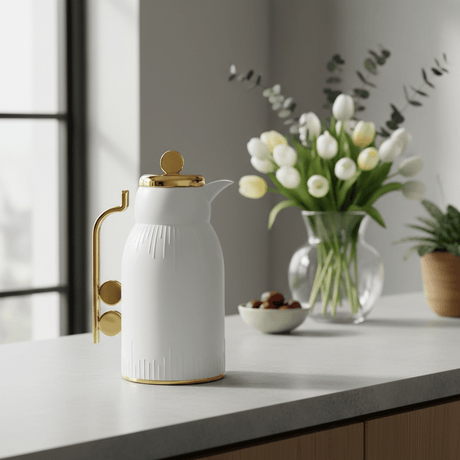 White & Gold Vacuum Flask — 1 Litre | Thermal Insulated Carafe - Al Kabayel Discount CentreWhite & Gold Vacuum Flask — 1 Litre | Thermal Insulated CarafeThermosAKDCAl Kabayel Discount Centre