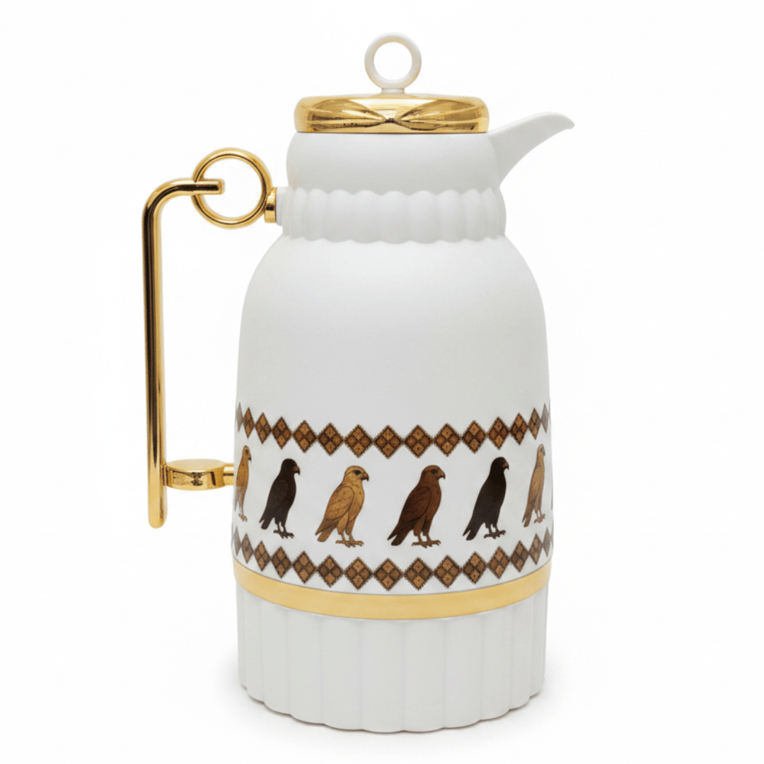 White & Gold Vacuum Flask with Heritage Bird Motif 1 Litre - Al Kabayel Discount CentreWhite & Gold Vacuum Flask with Heritage Bird Motif 1 LitreThermosAKDCAl Kabayel Discount Centre