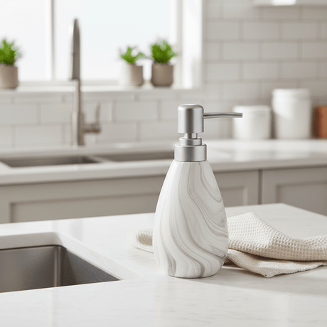 White & Grey Marble Swirl Ceramic & Plastic Liquid Soap Dispenser – 400ml - Al Kabayel Discount CentreWhite & Grey Marble Swirl Ceramic & Plastic Liquid Soap Dispenser – 400mlHolders & DispensersAKDCAl Kabayel Discount Centre