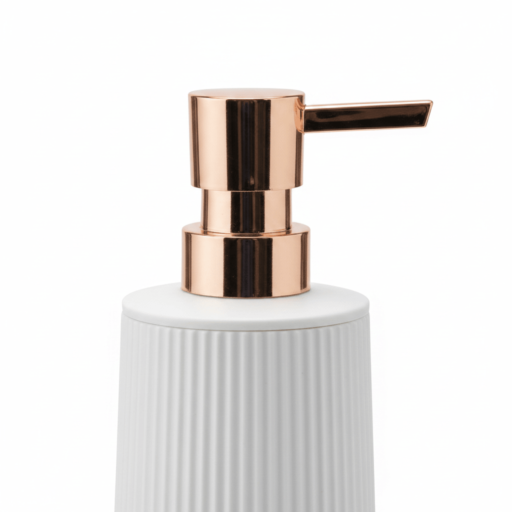White Plastic Ribbed Soap Dispenser with Rose Gold Pump – 400ml - Al Kabayel Discount CentreWhite Plastic Ribbed Soap Dispenser with Rose Gold Pump – 400mlHolders & DispensersAKDCAl Kabayel Discount Centre