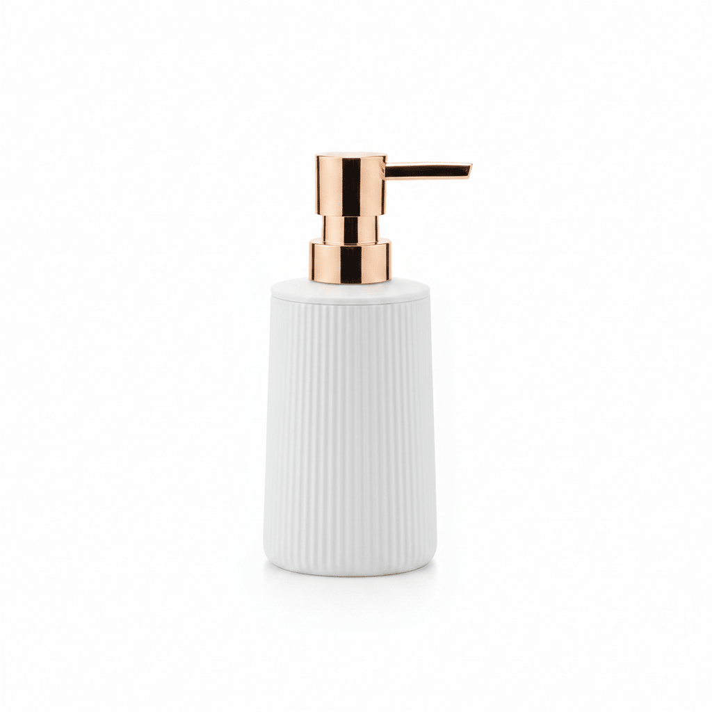 White Plastic Ribbed Soap Dispenser with Rose Gold Pump – 400ml - Al Kabayel Discount CentreWhite Plastic Ribbed Soap Dispenser with Rose Gold Pump – 400mlHolders & DispensersAKDCAl Kabayel Discount Centre