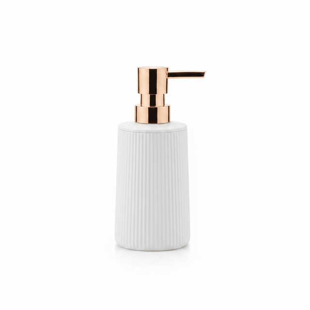 White Plastic Ribbed Soap Dispenser with Rose Gold Pump – 400ml - Al Kabayel Discount CentreWhite Plastic Ribbed Soap Dispenser with Rose Gold Pump – 400mlHolders & DispensersAKDCAl Kabayel Discount Centre