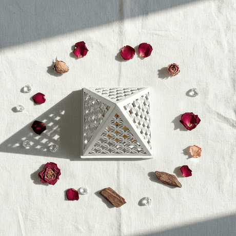 White Pyramid Incense Burner — Geometric Lattice with Gold Bowl - Al Kabayel Discount CentreWhite Pyramid Incense Burner — Geometric Lattice with Gold BowlIncense BurnerAKDCAl Kabayel Discount Centre