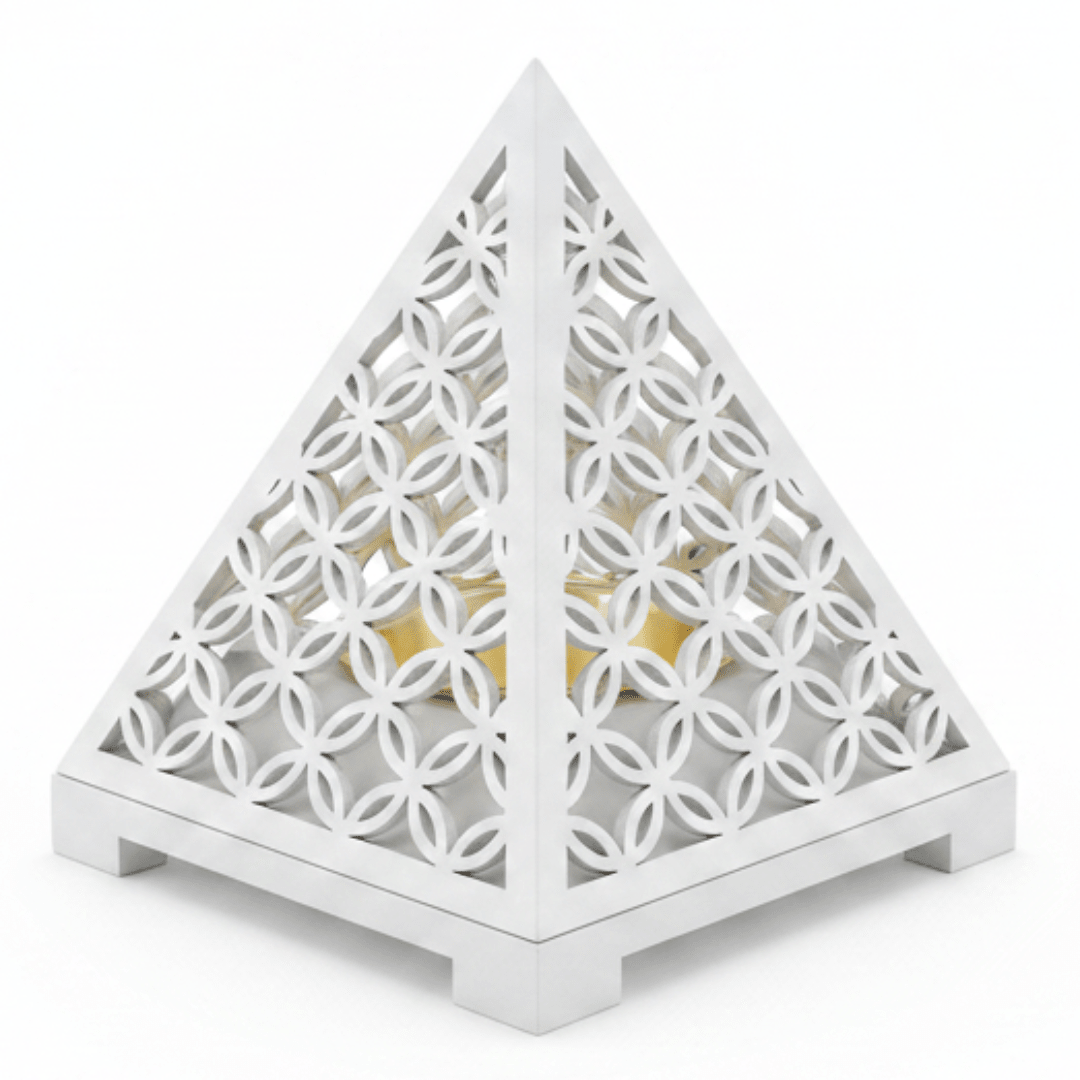 White Pyramid Incense Burner — Geometric Lattice with Gold Bowl - Al Kabayel Discount CentreWhite Pyramid Incense Burner — Geometric Lattice with Gold BowlIncense BurnerAKDCAl Kabayel Discount Centre