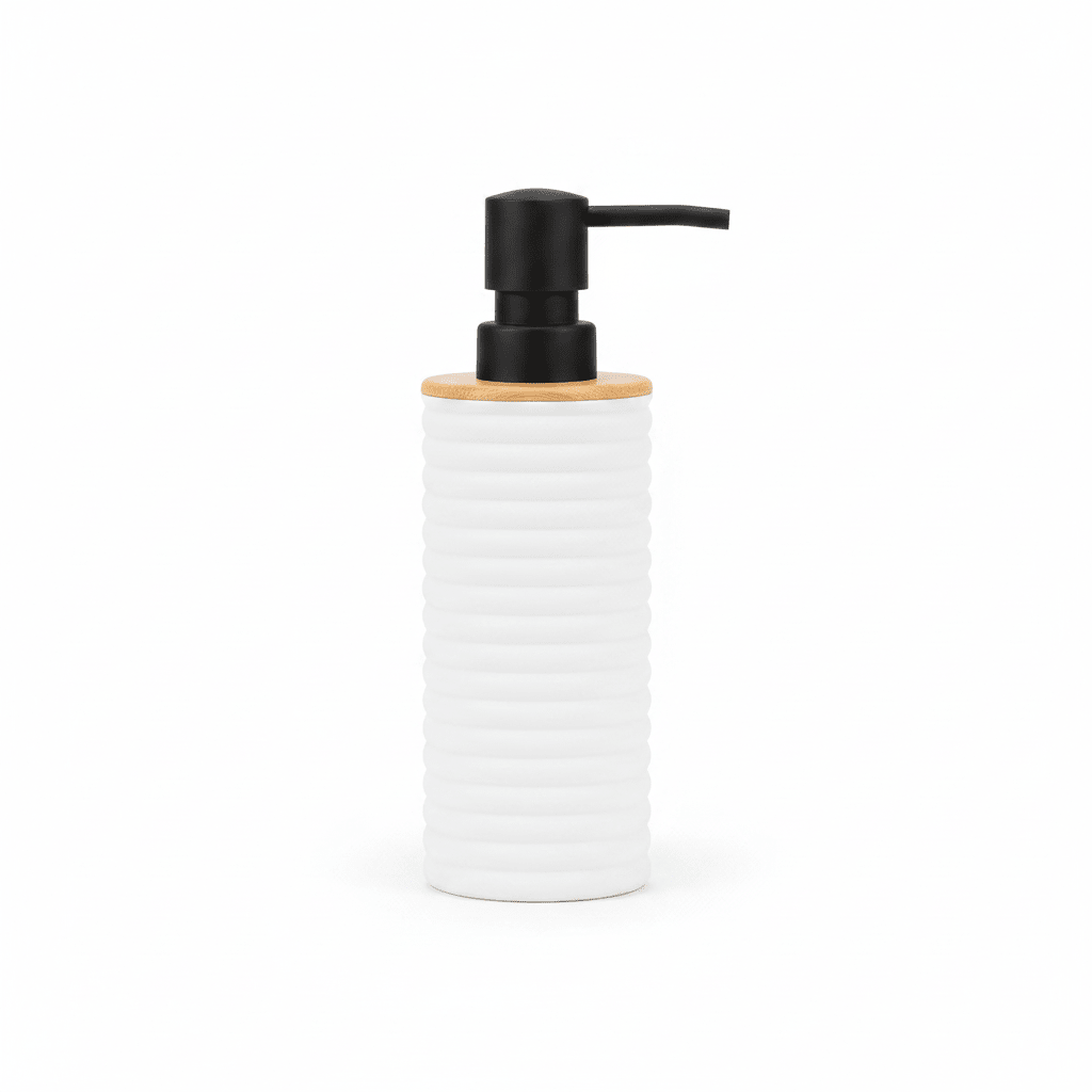White Ribbed Plastic Liquid Soap Dispenser - 400ml - White / Black / Peach - Al Kabayel Discount CentreWhite Ribbed Plastic Liquid Soap Dispenser - 400ml - White / Black / PeachHolders & DispensersAKDCAl Kabayel Discount Centre
