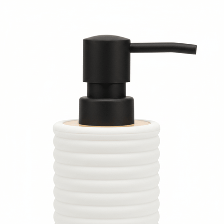 White Ribbed Plastic Liquid Soap Dispenser - 400ml - White / Black / Peach - Al Kabayel Discount CentreWhite Ribbed Plastic Liquid Soap Dispenser - 400ml - White / Black / PeachHolders & DispensersAKDCAl Kabayel Discount Centre