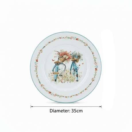 White Round Enamel Tray – Bicycle Garden Print - 35cm - Al Kabayel Discount CentreWhite Round Enamel Tray – Bicycle Garden Print - 35cmServing TraysAKDCAl Kabayel Discount Centre