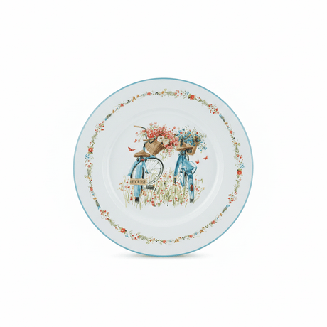 White Round Enamel Tray – Bicycle Garden Print - 35cm - Al Kabayel Discount CentreWhite Round Enamel Tray – Bicycle Garden Print - 35cmServing TraysAKDCAl Kabayel Discount Centre