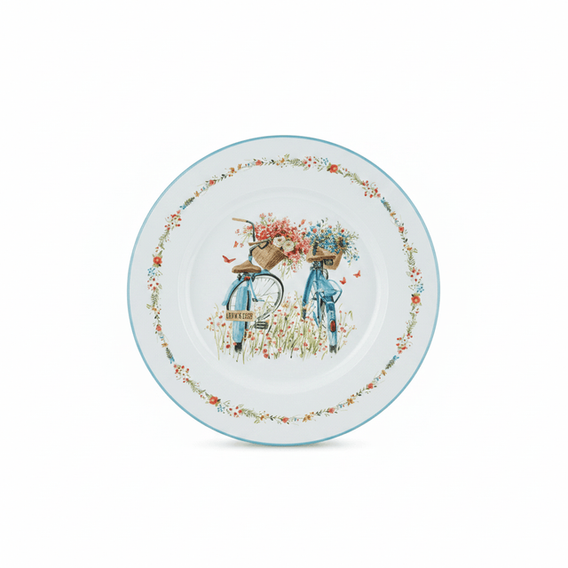 White Round Enamel Tray – Bicycle Garden Print - 35cm - Al Kabayel Discount CentreWhite Round Enamel Tray – Bicycle Garden Print - 35cmServing TraysAKDCAl Kabayel Discount Centre