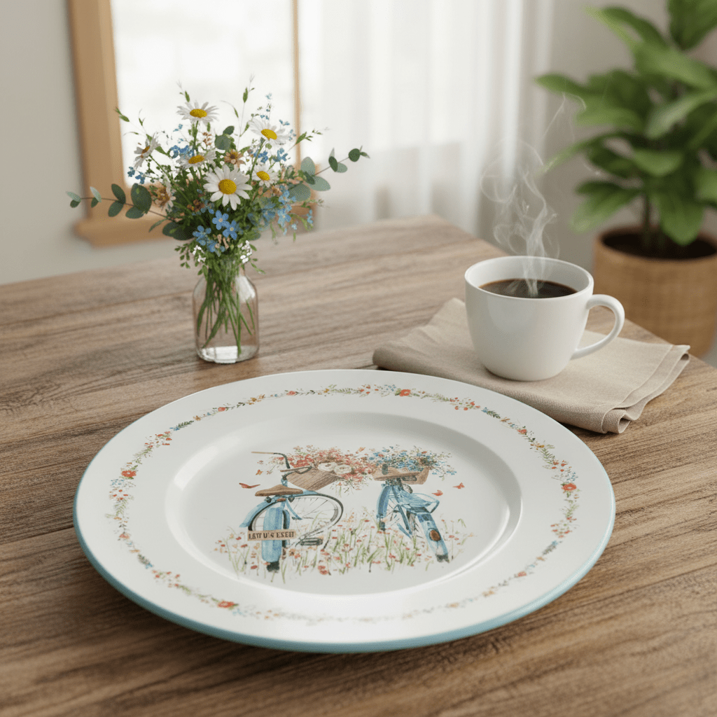 White Round Enamel Tray – Bicycle Garden Print - 35cm - Al Kabayel Discount CentreWhite Round Enamel Tray – Bicycle Garden Print - 35cmServing TraysAKDCAl Kabayel Discount Centre