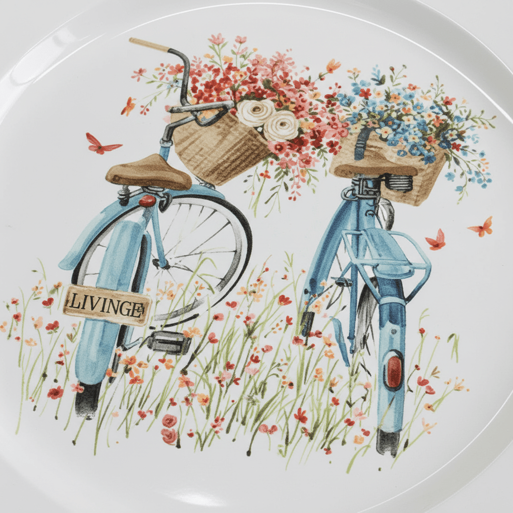 White Round Enamel Tray – Bicycle Garden Print - 35cm - Al Kabayel Discount CentreWhite Round Enamel Tray – Bicycle Garden Print - 35cmServing TraysAKDCAl Kabayel Discount Centre